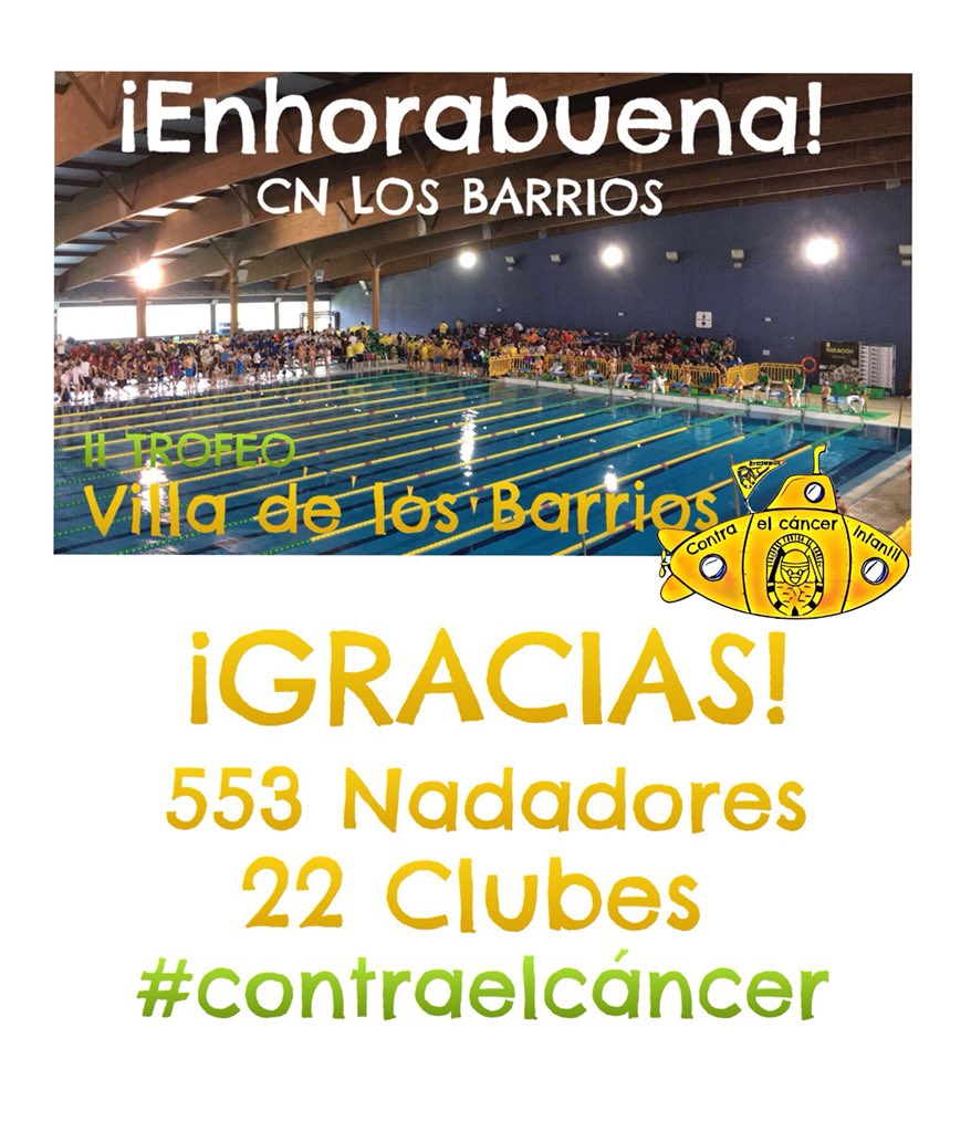 Gracias al #ClubNataciónLosBarrios por su espectacular evento, #IItrofeovilladelosBarrios  que tuvo una multitudinaria asistencia y carácter solidario #contraelcancer .

Infinito agradecimiento a todos los participantes en este evento solidario y gracias por sumaros.