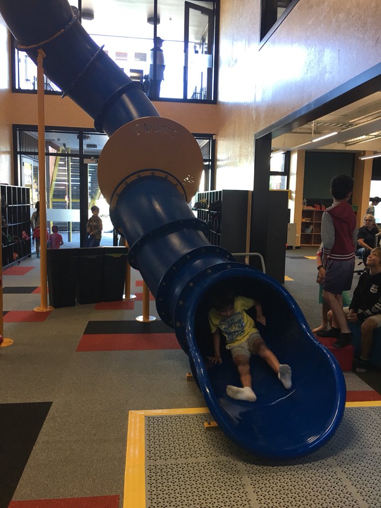 SJenkinsNZ's tweet photo. Day 2 in the new learning zones 8.30am starting the day going down the slide! Lots of squeals in the Learning hub https://t.co/FwhOd4H6Pg