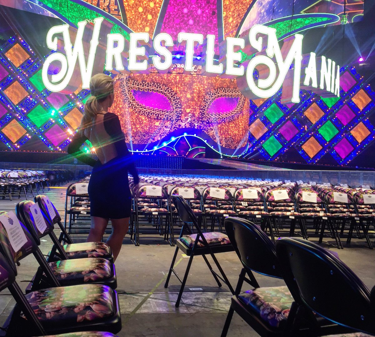 sarahschreib's tweet photo. What an incredible night! @WWE #WrestleMania34 #wwe #firstweekonthejob https://t.co/PFFujVIbFa
