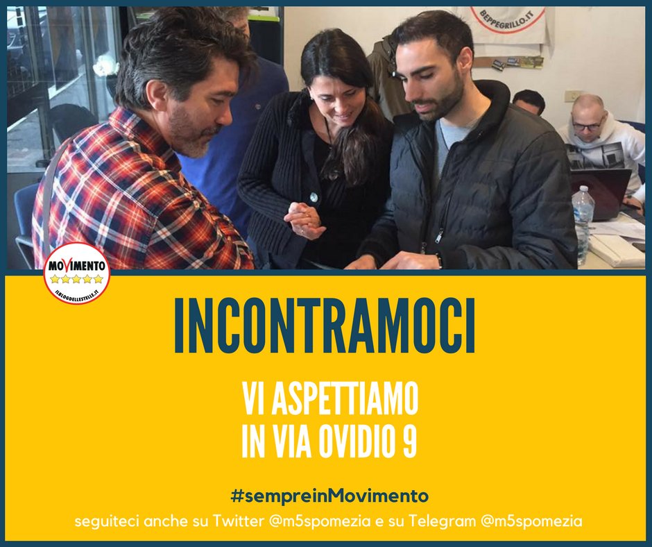Incontriamoci! passate a trovarci in via Ovidio 9.
Da lunedì a venerdì, dalle 10,30 alle 12.30 e dalle 17.30 fino alle 19,30, 
Confrontarsi è il modo migliore per crescere insieme.
#sempreinmovimento #m5spomezia