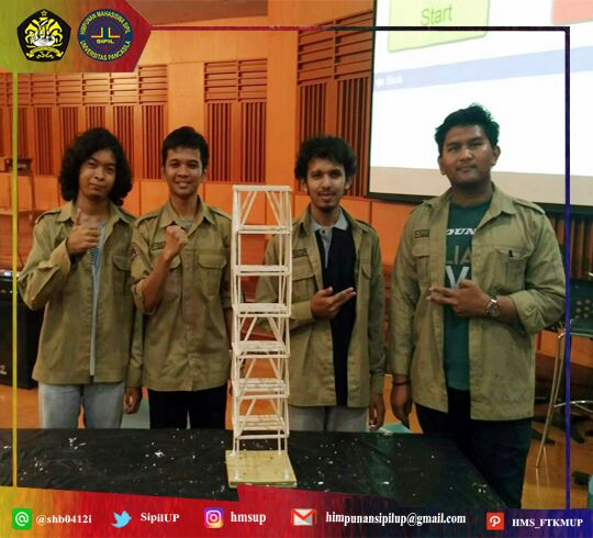Selamat kepada tim Inersia mendapatkan Juara I dalam lomba Earthquake Resistant Building Competition di Universitas Pelita Harapan. Semoga dapat memacu teman-teman yang lain untuk berkreativitas lebih.

#MahasiswaAksiNyata
#hmsup

Bid. IV Humas &amp; Media Kreatif HMS FT-KMUP