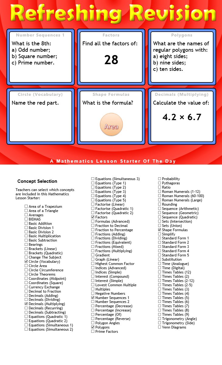 ট ইট র Transum Today S Maths Lesson Starter Is Called Refreshing Revision The Refresh In The Title Refers To The Different Questions Appearing Each Time The Page Is Refreshed You Can Select The Content