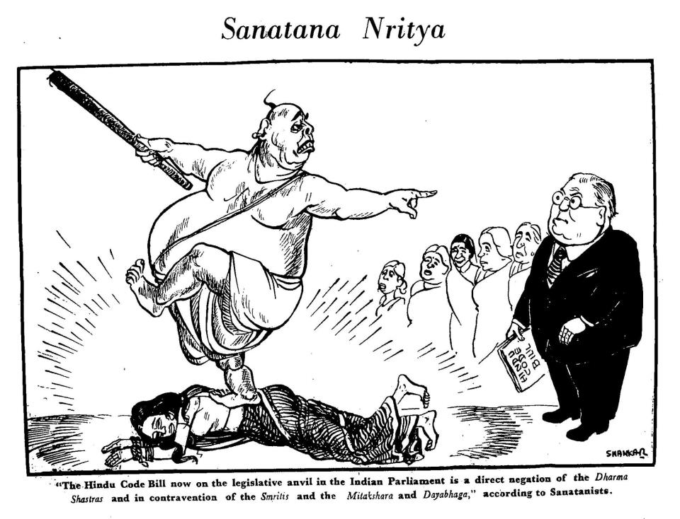 2) Cartoon published in Shankar’s Weekly on 20th February, 1949 showing a Brahmin dancing on woman while Dr Ambedkar with Hindu code bill in his hand and women who supported him question this.Drawn by Cartoonist Shankar