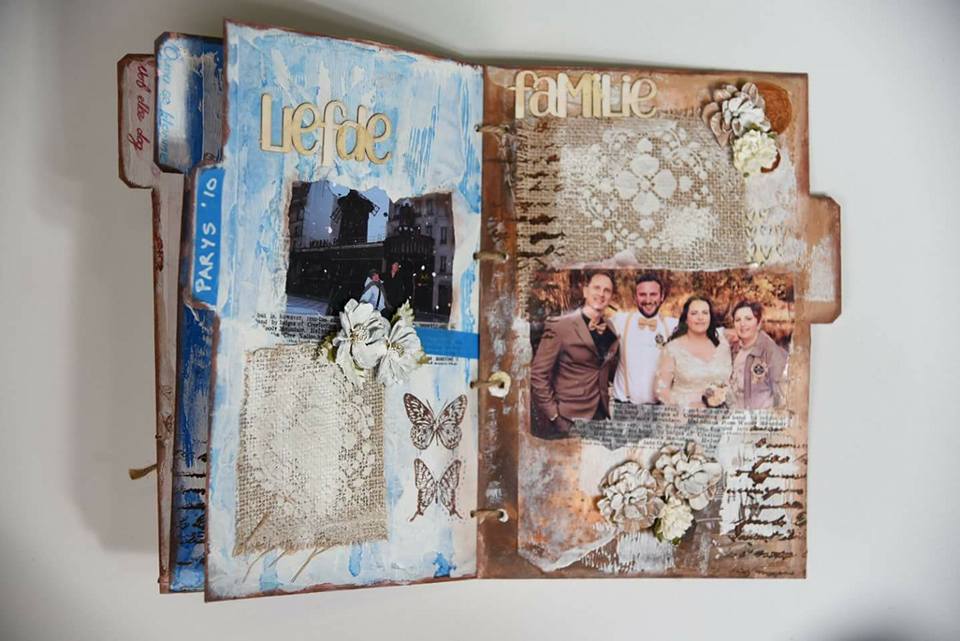 VeronikaOlivier's tweet photo. My #art journal of episode 1 in @Kunsvlyt_kykNET . I use #scrapbooking paper in an unconventional way in my #mixedmediaart journal - layered with #dala #gelmedium and decorated with stencils and #texturepaint. @kykNETtv @TheWholesalerSA @PNASouthAfrica https://t.co/TQnH7m7eO5