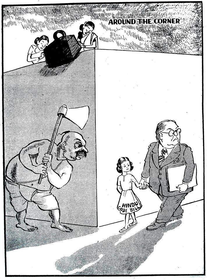 4) Cartoon published in Shankar’s Weekly in December 1949.Dr Ambedkar holding the hand of a little girl named Hindu code bill and leading her towards the Parliament and a Brahmin holding an axe in hand hiding behind a wall, while women from the terrace try to save the girl.