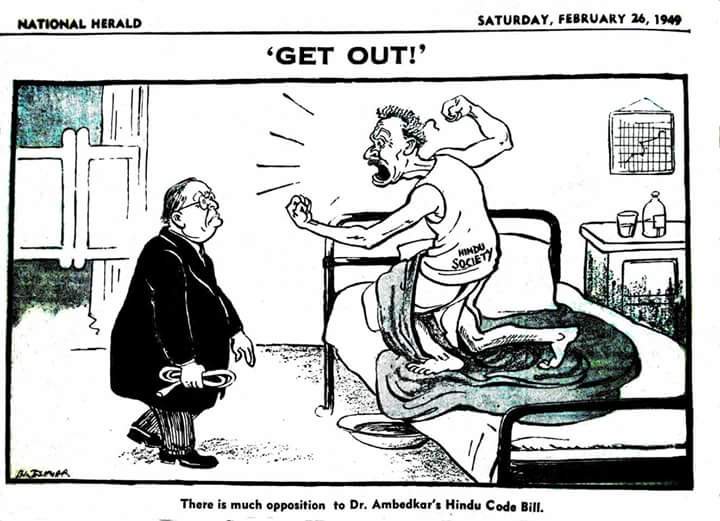 3) Dr Ambedkar coming to cure the disease of the patient 'Hindu Society' through the medicine Hindu code bill, but the patient shows fists to Dr Ambedkar.Cartoon published in National Herald on 26th February, 1949, drawn by cartoonist Bireshwar.