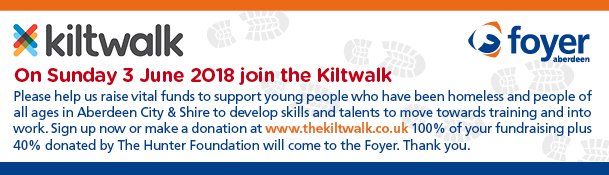 aberdeenfoyer's tweet photo. Are you a walker? Would you like to be a #Kiltwalker for Aberdeen #Foyer? Registration is easy, sign up now at https://t.co/H9m5sEiHgi We have limited discount codes for 50% off entry fee before 23/04. Go to https://t.co/gkxihzIuhr for details. #fundraiseforfoyer https://t.co/0p9WTNyOu6