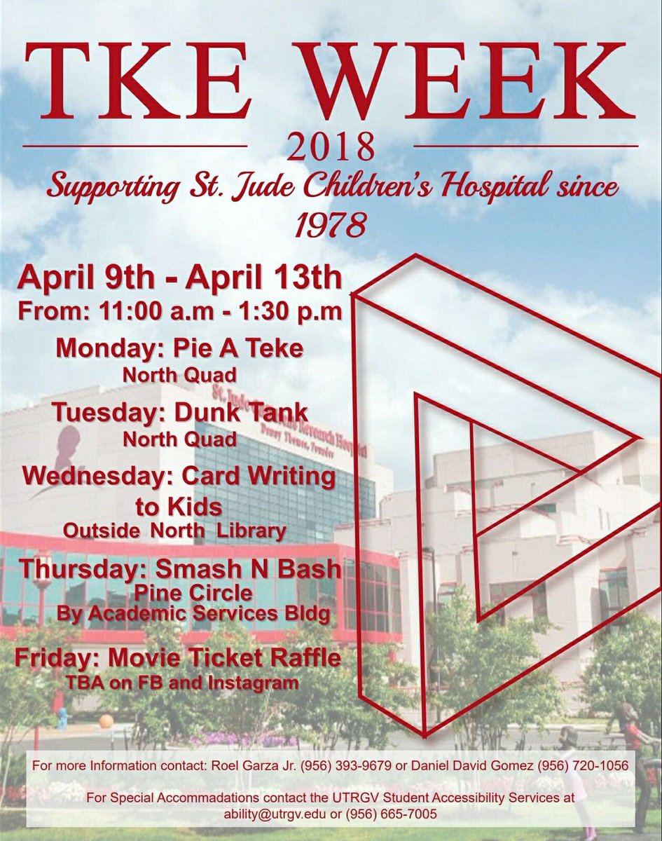 This is the calendar for this years TKE week this week. Please stop by and show your support for St. Jude’s Research Hospital as well as our hardworking men of Kappa Beta!