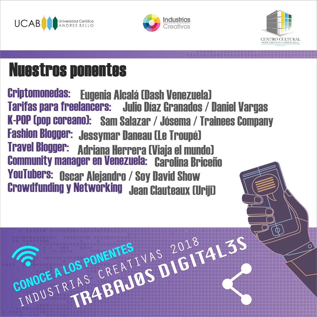 Ind_Creativas's tweet photo. Estas son las charlas y precios de entradas de #IndustriasCreativas2018 Trabajos Digitales, el jueves 26 y viernes 27 de abril en el @CCultural_UCAB. Inscripciones online en este formulario https://t.co/JLsCn583ZQ https://t.co/pCNWqC4rgl
