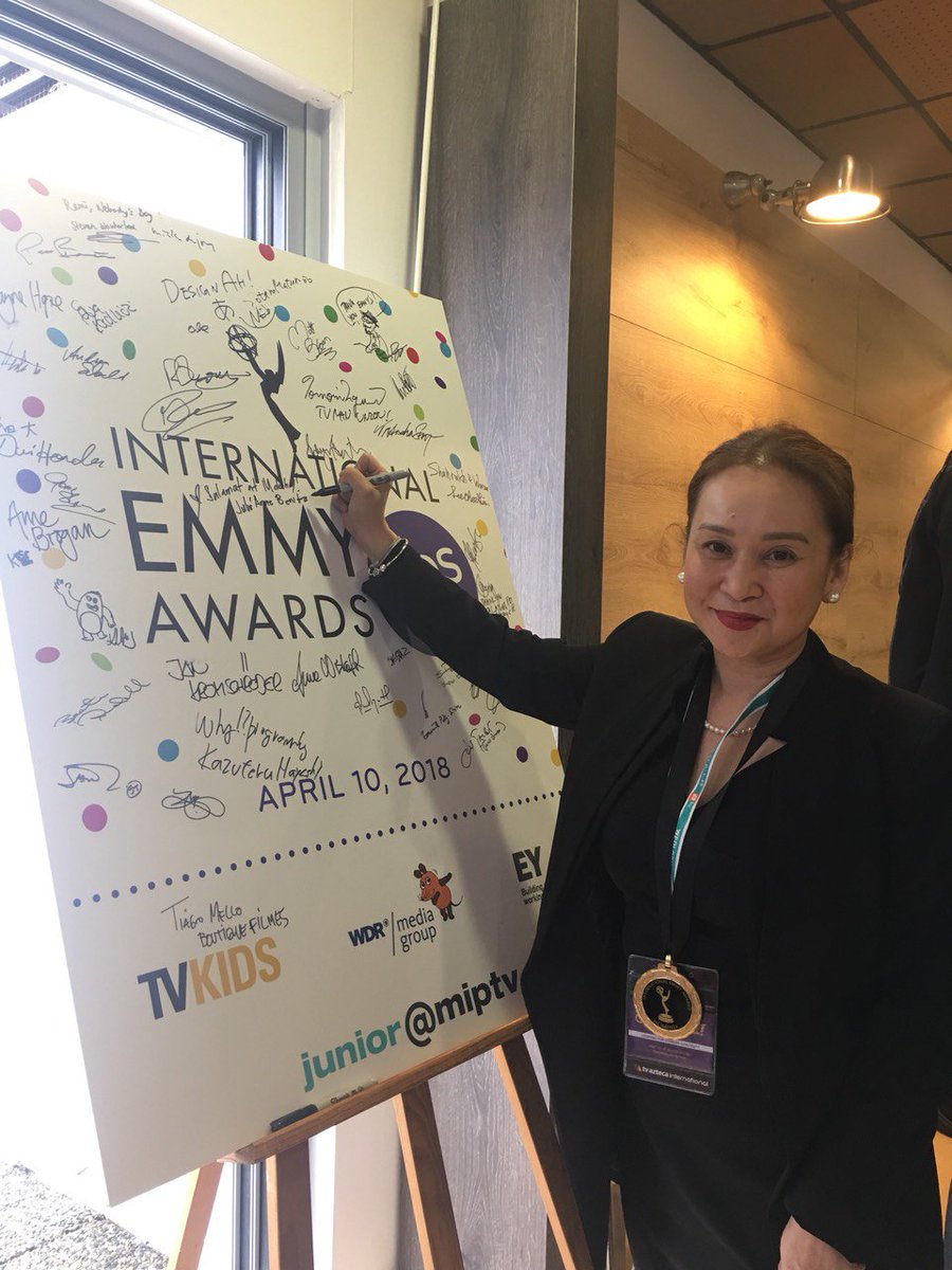 ABSCBNpr's tweet photo. Dreamscape business unit head Julie Anne Benitez and "Wansapanataym" executive producer Brenda Lee Estopacio at the International Emmy Kids Awards ceremony in France. "Wansapanataym" is the only Filipino program nominated in the prestigious award-giving body. #WansaForiEmmysKids https://t.co/XFkWxIlD2Q