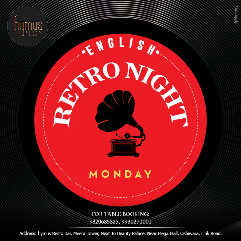 hymusrestobar's tweet photo. Celebrate your Monday with Retro Night at hymus Resto Bar.
Dance to the famous english retro hits of the '70s, '80s, '90s and have a good time. 
Reserve Tables: 9820635325, 9930271001.
.
.
#RetroMusicNight #hymusrestobar #retronight #englishretro #timeforretro https://t.co/Y1yGJ5GPh9