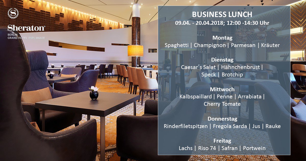 Verpassen Se nicht unseren regelmäßig wechselnden Business Lunch in unserer Ellipse Lounge! #businesslunch #sheratonberlin #esplanadeberlin #ellipselounge #berlin