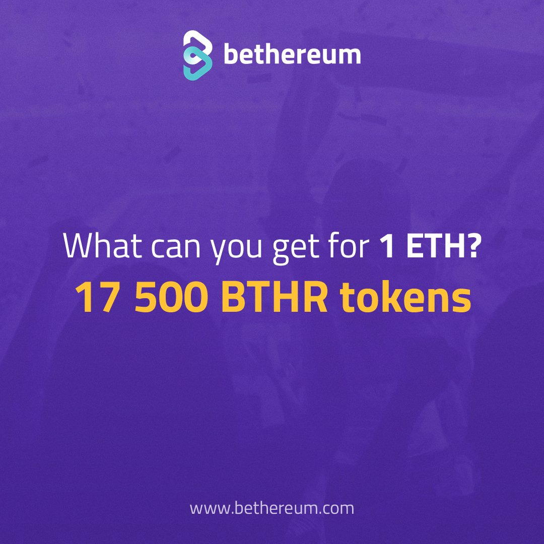 botoex789's tweet image. 1 #ETH = 17 500 #BTHR tokens (without #bonus). 🤩
Learn more: bethereum.com/#tokensale
#TokenSale #presale #preICO #ICO #Crypto #CryptoNews #cryptocurrency #Blockchain #Bitcoin #Ethereum #TRON #BTC #TRX #Coinbase