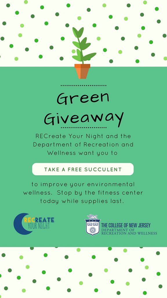 tcnjrecwell's tweet photo. #TCNJ students can come to the Fitness Center today and take home a new plant while supplies last. What better reason do you need to get in an early workout? #trainmeangogreen #wellness #recreateyournight https://t.co/rFNkLxdlWF