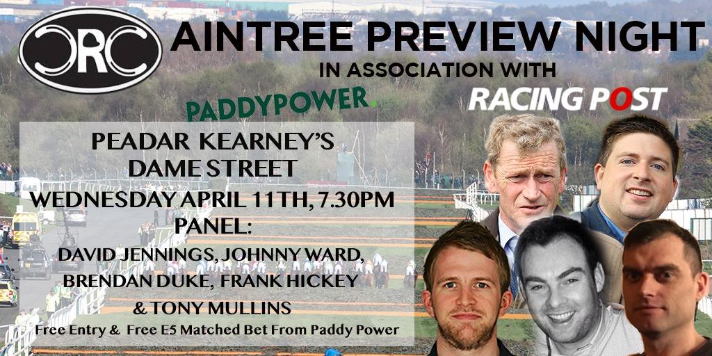 DublinRacingClu's tweet photo. Final Reminder: Aintree Grand National Preview Night - This Wednesday 7:30pm @peadarkearney Dame St. 

Free Entry &amp; Free Matched €5 Bet courtesy of @paddypower 

Hope to see you there. https://t.co/3LNyCf8utp