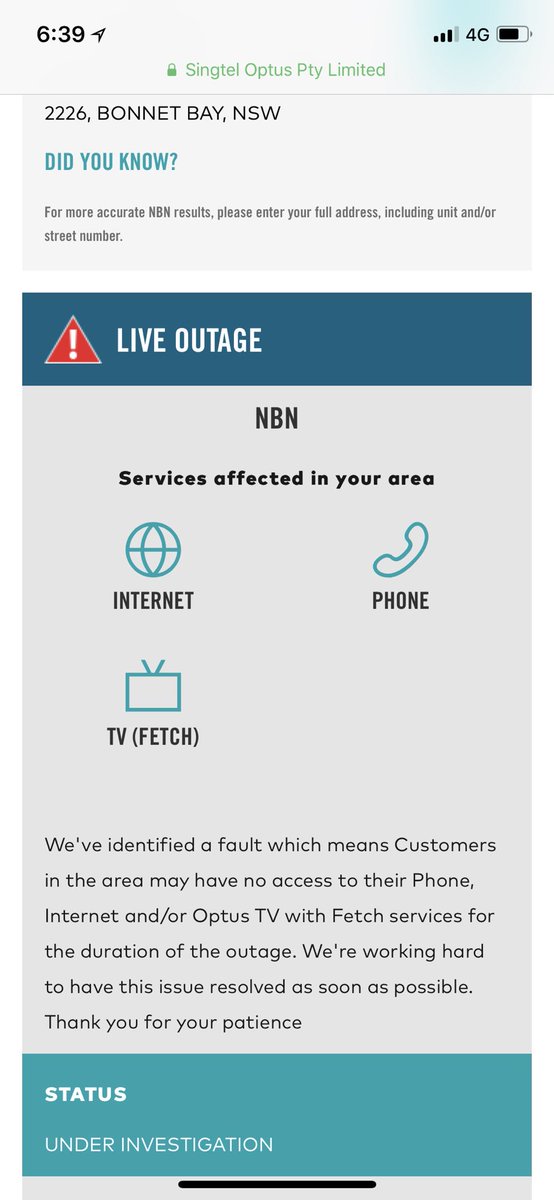 wegzmatt's tweet photo. Hey @optus any update on the NBN outage at 2226? We’ve had an outage ‘under investigation’ for 24 hours now with no update beyond! Sucking dry my mobile allowance and no telephone working! https://t.co/ZSln8MFhzO