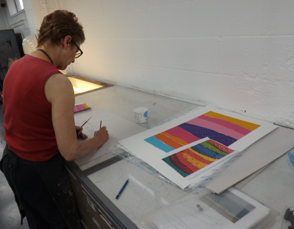 WPrintCreatives's tweet photo. #AlexNash #ScreenPrinting her colourful designs. This one based on a pile of sari fabric when in India. #WiltshirePrintCreatives #art #printmaking https://t.co/UgP1LugdIH