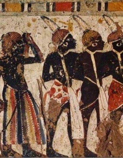 KemetVirtual's tweet photo. [a] A Kemet Queen holding a lotus flower; [b] Goddess Hathor/Het-heru carved on a mirror handle [c] Guests from the Nubian/Ta-sety region, (c. 1411 BC), wearing their distinctive ear hoops. https://t.co/4E5P8O3RRs