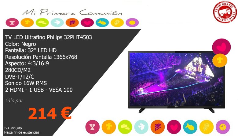ofertahp's tweet photo. 📺 #TV LED Ultrafino Philips 32PHT4503 por tan solo 214€ con #envíogratis 📨 
👉https://t.co/seuFdAh6Kj👈

#Comuniones⛪🙏🎁 #Comuniones2018 #FelizLunes #Ofertashp #Ofertas #Descuentos #Regalos #TVLED #OfertasTV #Philips #Ofertastelevisores #televisores #OfertasPhilips https://t.co/NNgUq3KOpB
