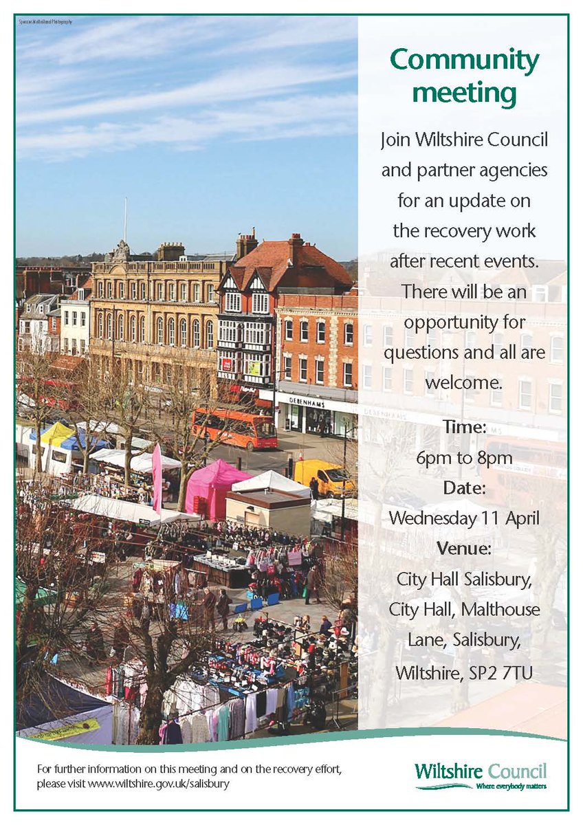 wiltscouncil's tweet photo. Join us and partner agencies for community meeting in #Salisbury on Wednesday at @CityHallSalis, 6pm-8pm, for an update on the recovery work after recent events. There will be an opportunity to ask questions and all are welcome. https://t.co/OGaP460fwb