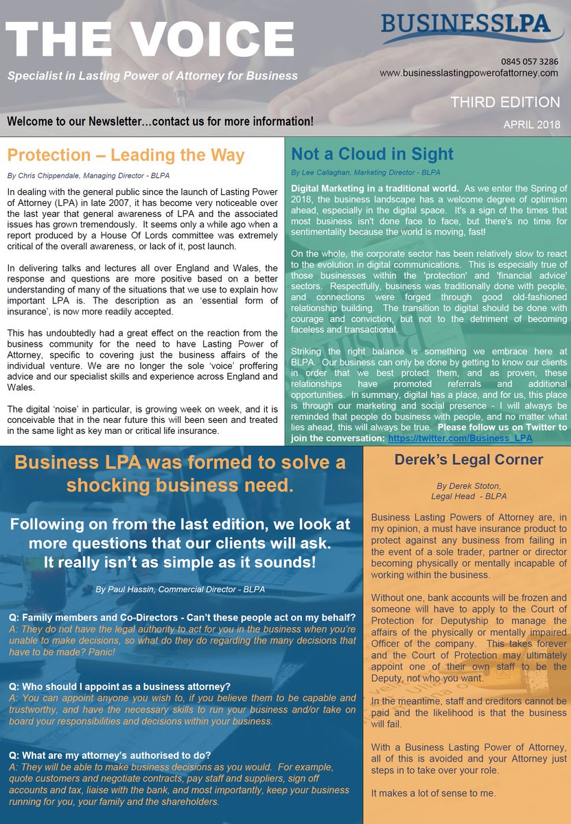 Our new #Newsletter "The Voice" is out now! Hear from each of the BLPA #Directors on this very important developing subject, &amp; why #businesses are starting to understand just how essential a #BusinessLastingPowerofAttorney is! #business #insurance #BusinessOwners #businessowner