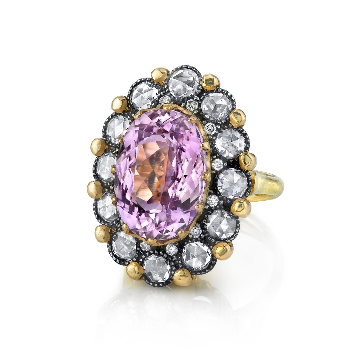 22kt Gold &amp; Silver Fashion Ring with Kunzite and White Rose Cut Diamonds unusualengagementringsreview.com #fashionring #diamondring #engagementring #weddingring #fashion #diamond #ring