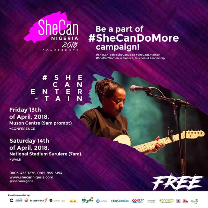 ConnectNigeria's tweet image. The basic fact that #SheCanDoMore is one core message She Can Nigeria preaches. Be PART of She Can Nigeria 2018 Conference .

Join the #SheCanDoMore Campaign

For Enquiries Call:
M: 08034221276, or 08159553194

More Info:
shecanigeria.com

#SheCanTech #SheCanCode