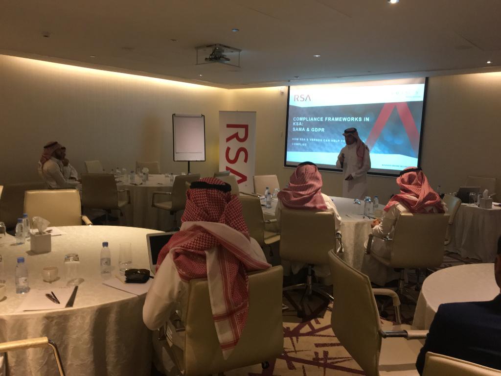 RSAEMEA's tweet photo. Taking place this morning in Riyadh, our compliance framework in KSA workshop discussing #SAMA and #GDPR. Hosted with our partner Versos https://t.co/J6C1uk6EjY