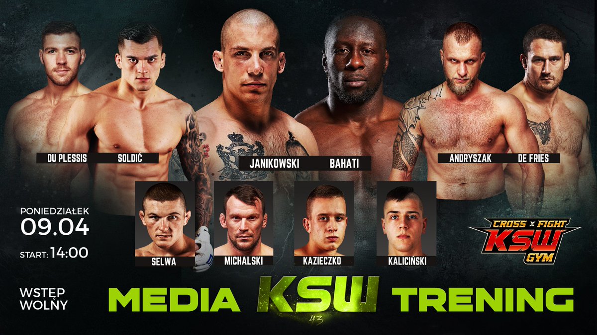 KSW_MMA's tweet photo. Zaczynamy #fightweek!
Z kim widzimy się dziś na #MediaTrening przed #KSW43?

🕑 14:00
📍 KSW Cross Fight Gym
📺 Facebook KSW https://t.co/VBl3RKfiGs
