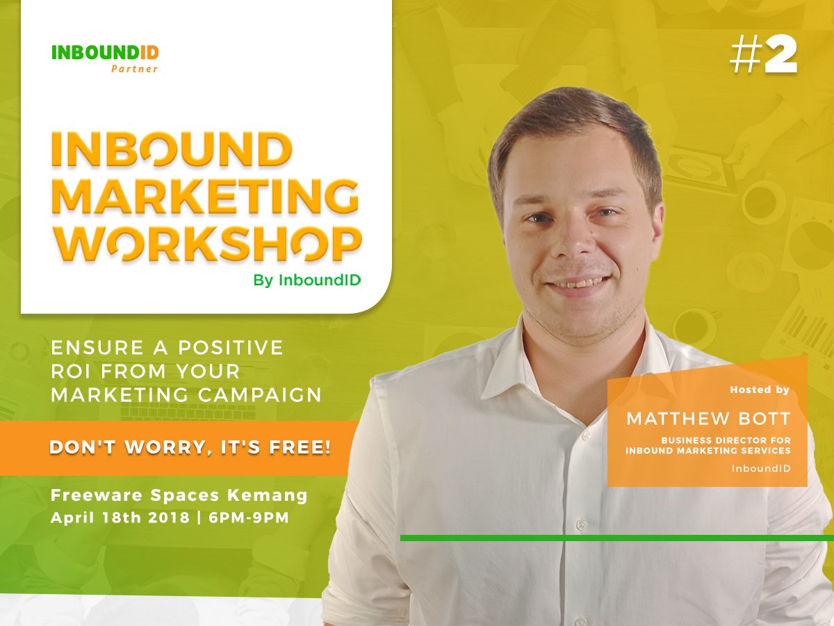 InboundID's tweet photo. ROI is an important metric for digital marketing campaign. It tells you whether you're getting money worth of every marketing efforts you have done.

Ensure a positive ROI from your marketing campaign in this workshop. Register now: https://t.co/aL9CUKkTVr 
#InboundID #IMW2018 https://t.co/ywe4vmK4zM
