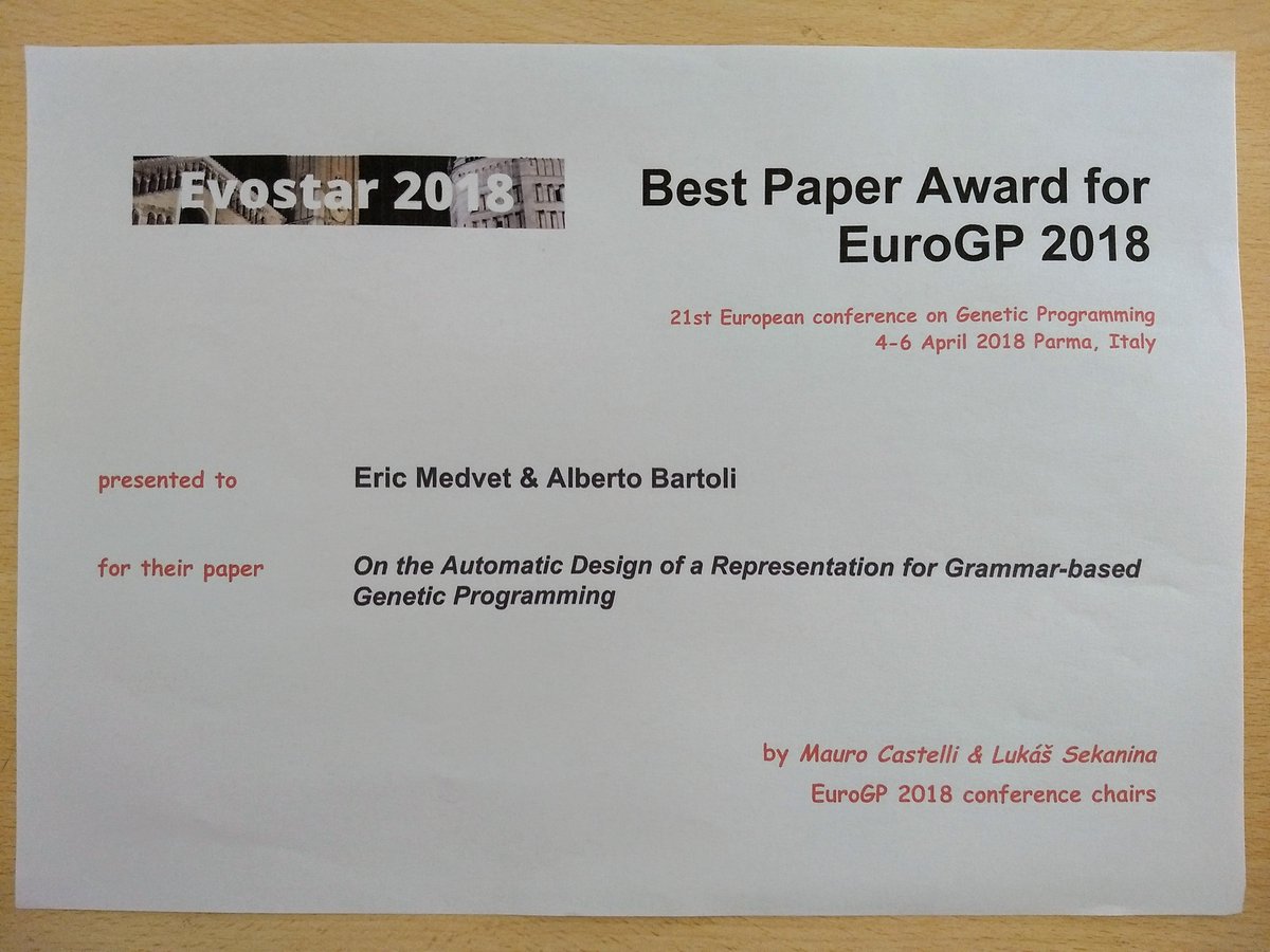 Our 'On the Automatic Design of a Representation for Grammar-based #GeneticProgramming' got the #BestPaper award at #EuroGP (@Evostar2018). machinelearning.inginf.units.it/news/bestpaper… Well done!