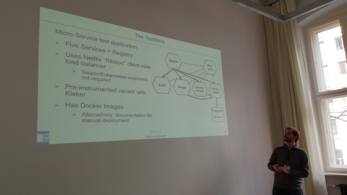 AIosup's tweet photo. Joakim von Kistowski on the TeaStore micro-service application designed for benchmarking, modeling, and resource management research and testing processes. #HotCloudPerf #ICPE2018 https://t.co/PcGh2vl37D