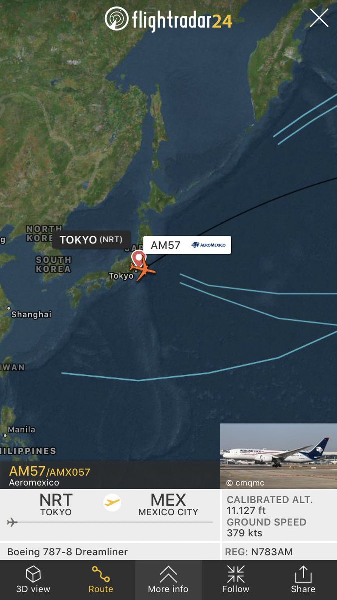 FlightIntl's tweet photo. Aeromexico flight #AM57 from Tokyo to Mexico City returned to NRT earlier today - the flight just departed from NRT again https://t.co/WFvzbHS4hf