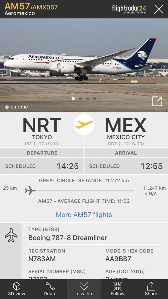 FlightIntl's tweet photo. Aeromexico flight #AM57 from Tokyo to Mexico City returned to NRT earlier today - the flight just departed from NRT again https://t.co/WFvzbHS4hf