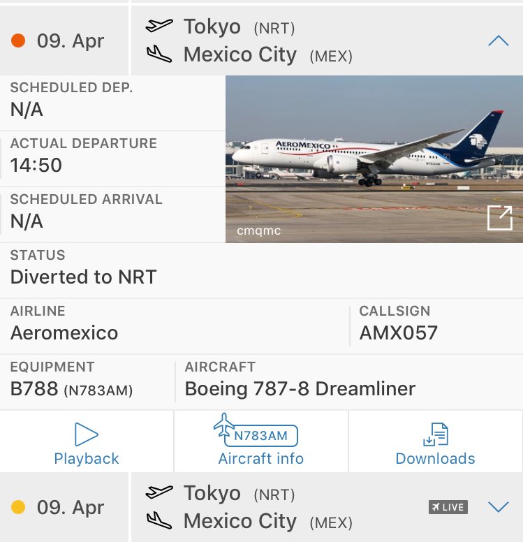 FlightIntl's tweet photo. Aeromexico flight #AM57 from Tokyo to Mexico City returned to NRT earlier today - the flight just departed from NRT again https://t.co/WFvzbHS4hf