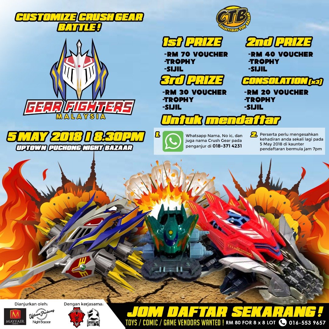 upnightbazaar's tweet photo. 🏎CUSTOMIZE CRUSH GEAR BATTLE 🏎

Dibawakan kepada anda oleh Gear Fighters Malaysia, dgn kerjasama CTB &amp; Central Crew

Masa : 8.30 Pm
Tarikh : 5 May 2018
Lokasi : Uptown Puchong Night Bazaar

Sila buka thread ini untuk maklumat lebih lanjut. @twt_anime @HafizPear @twt_malaysia https://t.co/dLI0WJEfsm