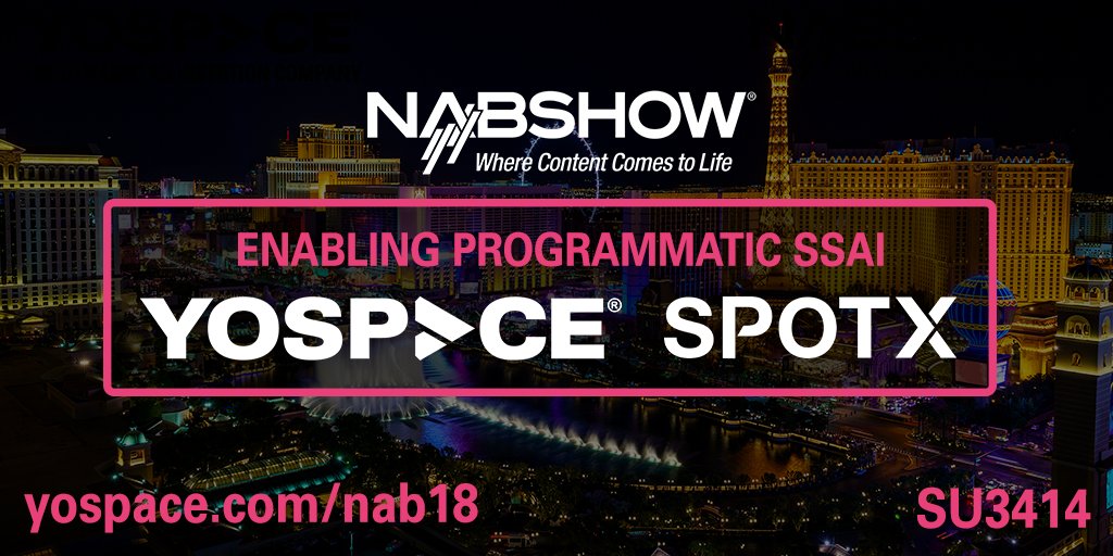 yospacedotcom's tweet image. Visit Yospace at booth SU3414 for a demonstration of how #DynamicAdInsertion enables programmatic advertising with @SpotX, our trusted partner in digital inventory #NAB2018 #NABShow #SSAI yospace.com/nab18/