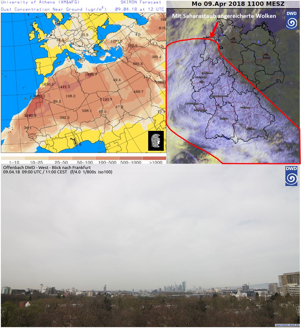 DWD_presse's tweet photo. Saharastaub sorgt aktuell für hohe Schleierwolken (oben links Saharastaubvorhersage der Uni Athen, rechts das aktuelle Satellitenbild). Auch über der DWD-Zentrale Offenbach ist der Himmel milchig-trüb. /V https://t.co/T2N4I1jMsr