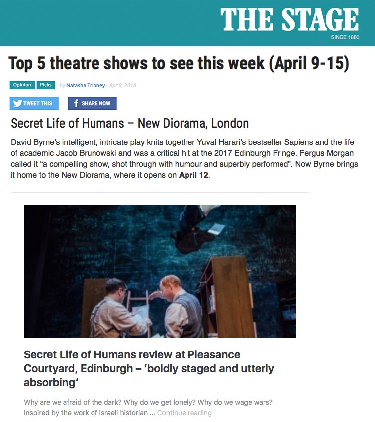 newdiorama's tweet photo. We're delighted that SECRET LIFE OF HUMANS is one of @TheStage's top five must-see shows this week. After a sell-out run @edfringe last year & multiple 4*-5* reviews, click here to read @FergusMorgan's ★★★★ review: https://t.co/JjEc4k0z3u
For tickets: https://t.co/UBY0JAlDpO https://t.co/bWWQubIntf