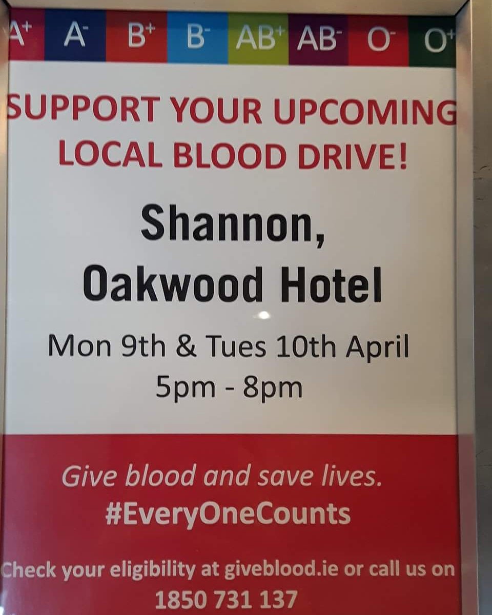 treacysshannon's tweet photo. Want to save lives this week?  There will be a blood donor clinic today &amp; tomorrow from 5pm - 8pm in the hotel. Every 2 seconds someone needs blood, you can make a huge difference to someone in need 💟 #EveryOneCounts #givebloodsavelives #blooddonorclinic #irishbloodtransfusion https://t.co/e5F0BFb6m9