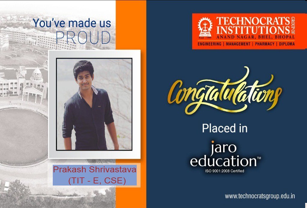 TITGROUP2's tweet photo. *********Congratulations********
PRAKASH SHRIVASTAVA. of Technocrats Group of Institutions, Bhopal for selection in Jaro Education through Campus Placements at Technocrats Group of Institutions, Bhopal.
Congratulations for "Your work hard for your success and you truly deserve it https://t.co/jc2XNBKLIC