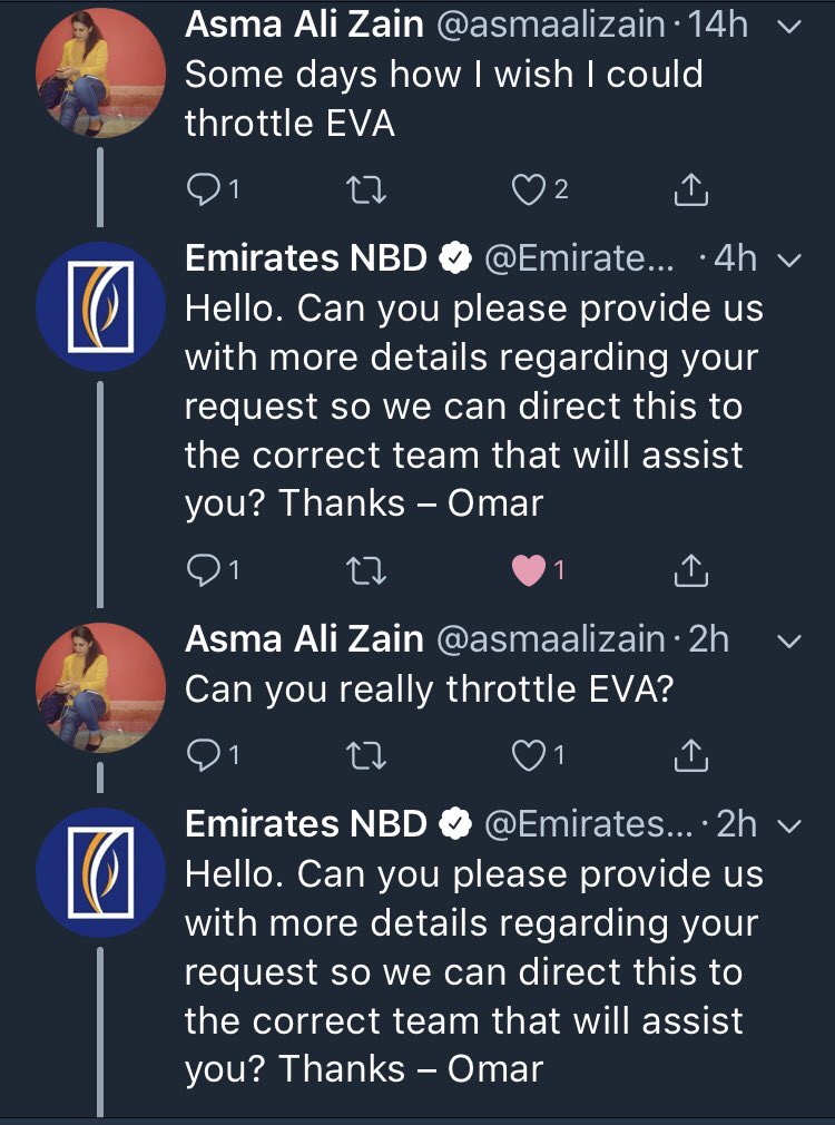 asmaalizain's tweet photo. EVA: How can I help? 
ME: Can I just throttle you?
EVA: DM me the details regarding your request so that I can forward it to the correct team to assist you 

LOL story of the day 😂 

#BankingFails @EmiratesNBD #AIFails https://t.co/kyqmlhoTCX