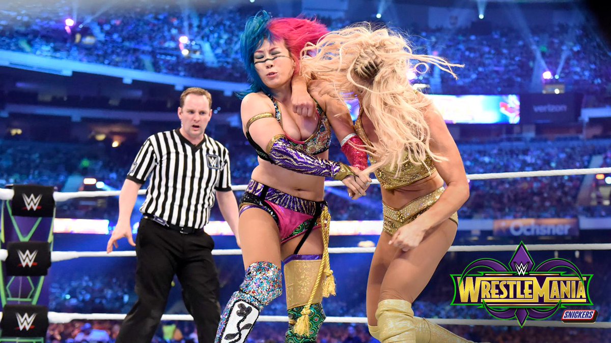 WWE's tweet photo. After 267 wins over two and a half years, @WWEAsuka met her match as @MsCharlotteWWE proved that she was READY FOR ASUKA! #WrestleMania https://t.co/Aq4rEGPvHG https://t.co/tU4tL9xxdI