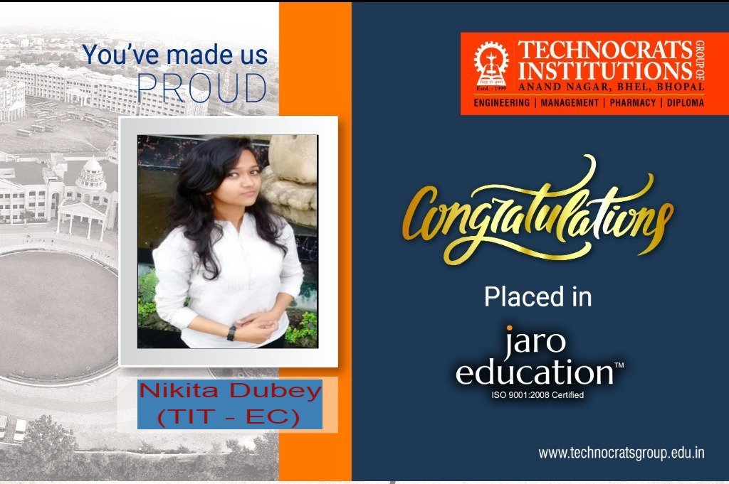 TITGROUP2's tweet photo. *********Congratulations*********
Nikita Deshmukh of Technocrats Group of Institutions, Bhopal for selection in Jaro Education through Campus Placements at Technocrats Group of Institutions, Bhopal.
Congratulations for "Your work hard for your success and you truly deserve it" 🎊 https://t.co/2NaZp1raHe