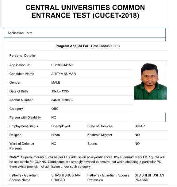 Aditya2play's tweet photo. @PMOIndia @PrakashJavdekar @HRDMinistry #cucet2018
i want justice sir i have been trying and begging for it please respond my call and mails are been dodged
why this injustice to me
i too want equal opportunity for education and participation 
#EducationForAll #cucet2018scam
PFA https://t.co/xyx8uyq6Ch