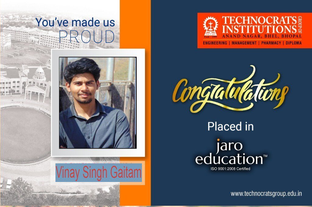 TITGROUP2's tweet photo. *********Congratulations*********
VINAY SINGH GAUTAM of Technocrats Group of Institutions, Bhopal for selection in Jaro Education through Campus Placements at Technocrats Group of Institutions, Bhopal.
Congratulations for "Your work hard for your success and you truly deserve it https://t.co/TlqELiHJhf