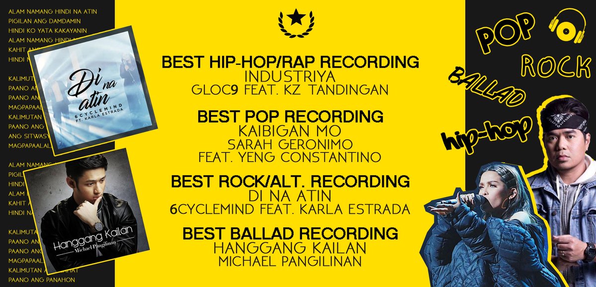 phwomas's tweet photo. Gloc 9, the master of Pinoy Rap, we need another collab with KZ! 
Sarah Geronimo and Yeng Constantino aren't hailed as OPM Royalties for nothing! To the boys of 6Cyclemind, collaborating with Karla Estrada was a good idea! 
"Pangilinan Fever" is really a thing. 😍#WOMAs2017 https://t.co/50hvdWsvAp