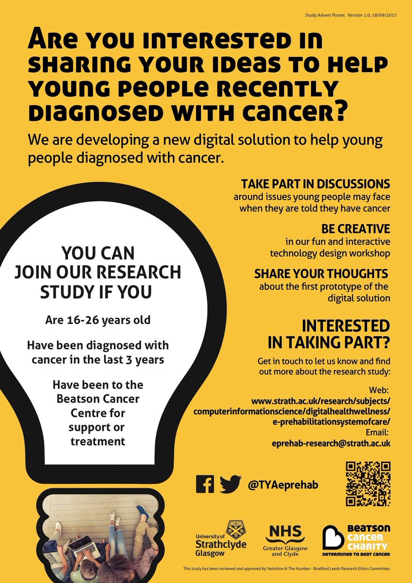 TYAeprehab's tweet photo. Are you, or do you know anybody, aged 16-26 from the Glasgow area who has been diagnosed with cancer in the last 3years? We’d love to hear from you! We’re currently recruiting for our research project funded by @Beatson_Charity. See our website for a video telling you more! https://t.co/wthYI784SH