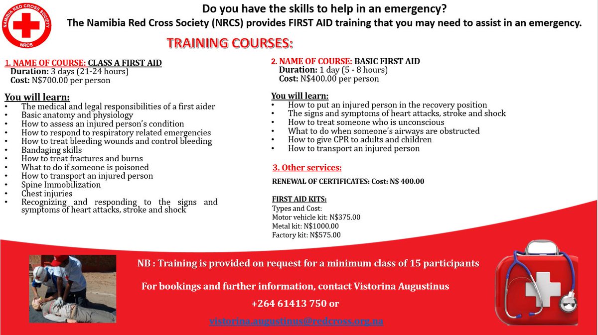 NamibiaRedCross's tweet photo. Are you looking for a well-stocked #FirstAid kit? Or want to renew your First Aid certificate? We can assist! 👇👇

#NamibiaRedCrossSociety #FirstAidTraining https://t.co/PqR0SvDmLq