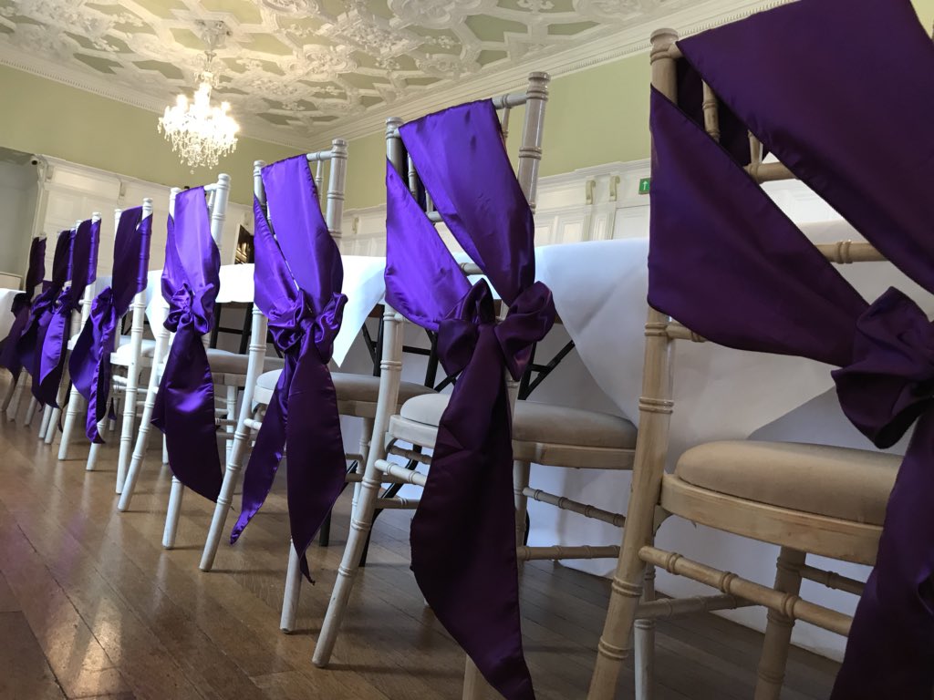 Cadbury purple side bows 🎀😊<a href="/hengravehall/">Hengrave Hall</a> #chairdecor #wedding #weddingchairs #weddingdecor #chiavarichairs #hengravehall